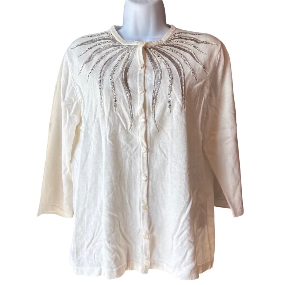 Bob Mackie Wearable Art Embellished Cardigan Sweater White Size Medium